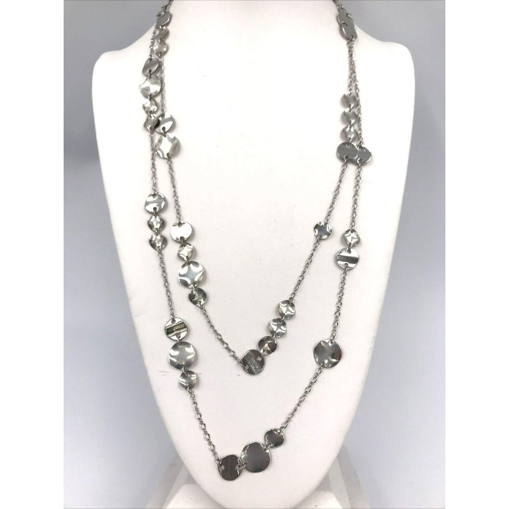 Hammered Disc stations Chain Long Necklace 60" Silver Tone‎